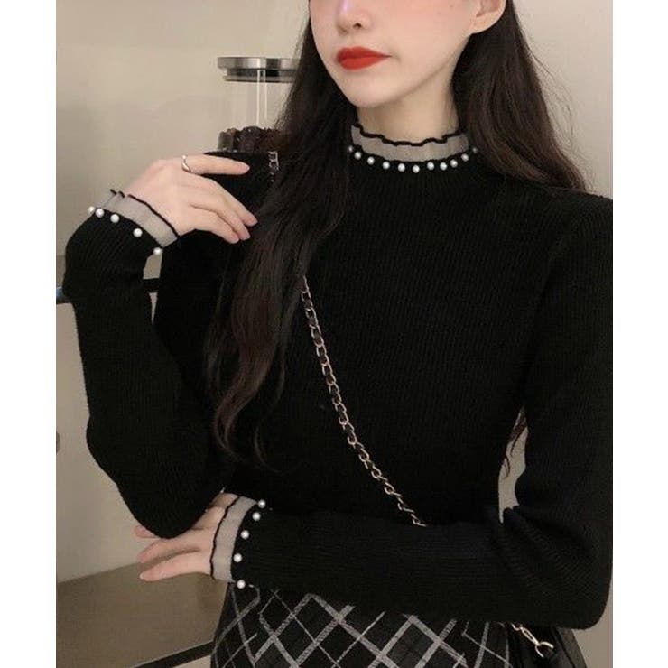 春まで着れる リブニットトップス フリルとパールがアクセント | SEU | 詳細画像18 