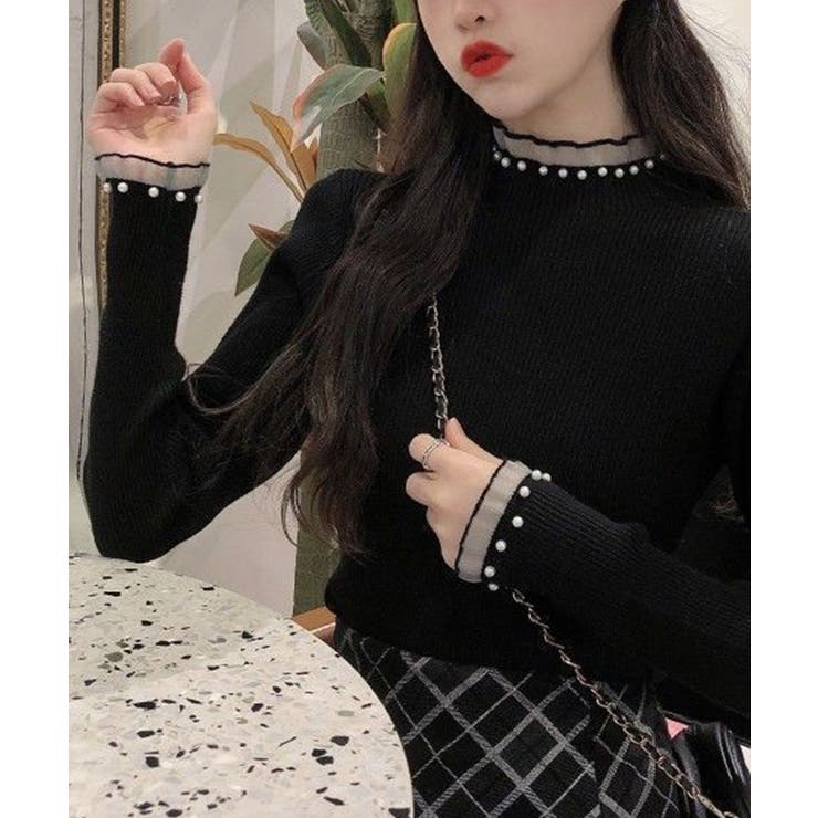 春まで着れる リブニットトップス フリルとパールがアクセント | SEU | 詳細画像19 