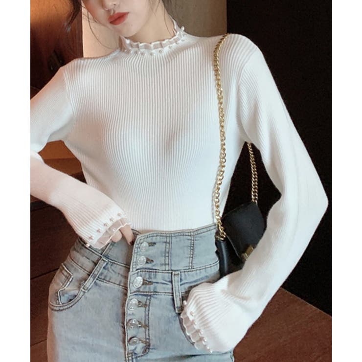 春まで着れる リブニットトップス フリルとパールがアクセント | SEU | 詳細画像3 