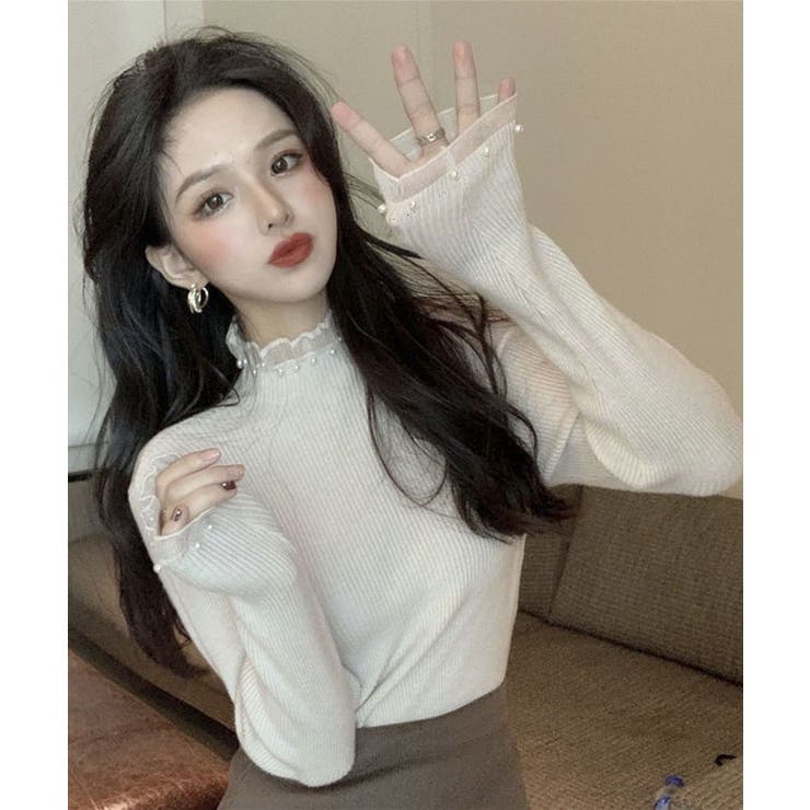 春まで着れる リブニットトップス フリルとパールがアクセント | SEU | 詳細画像34 