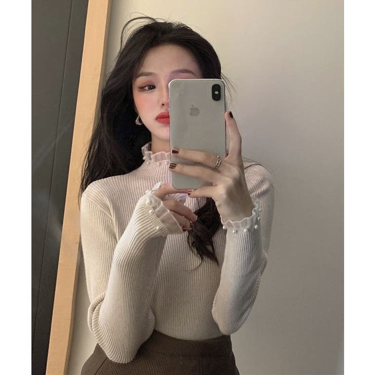 春まで着れる リブニットトップス フリルとパールがアクセント | SEU | 詳細画像35 