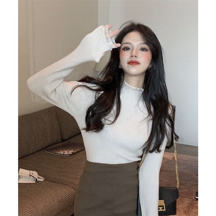 春まで着れる リブニットトップス フリルとパールがアクセント | SEU | 詳細画像39 