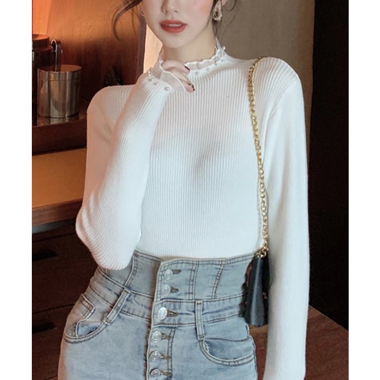 春まで着れる リブニットトップス フリルとパールがアクセント | SEU | 詳細画像8 