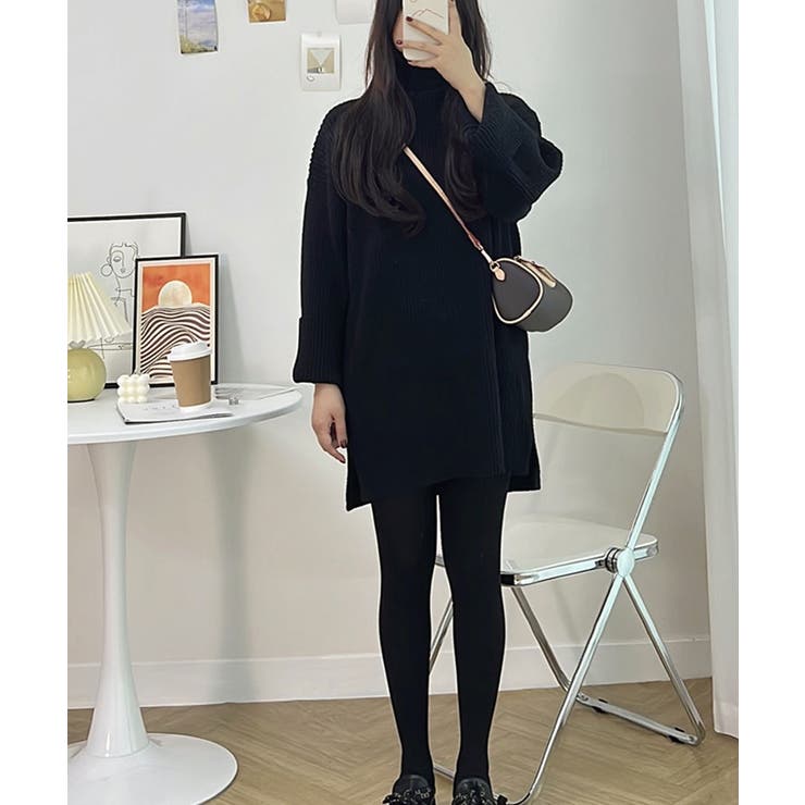 春まで着れる タートルネックロング丈プルオーバー オーバー