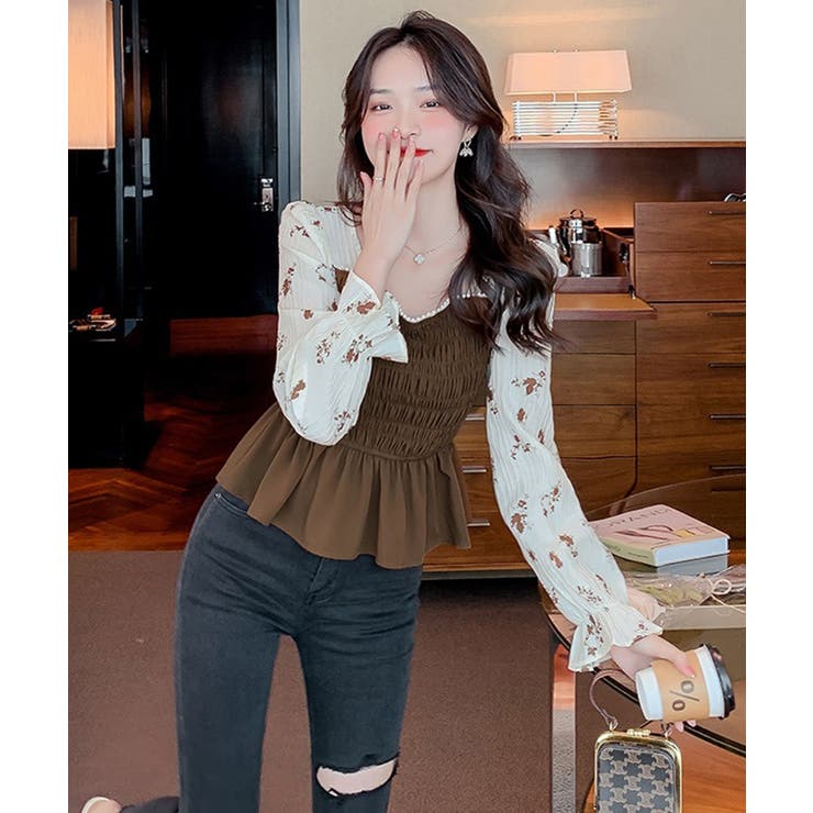 Heve シャーリングペプラムブラウス Fサイズ ライトブルー