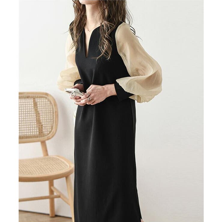 おしゃれ度高めシフォンスリーブワンピース ロングワンピース