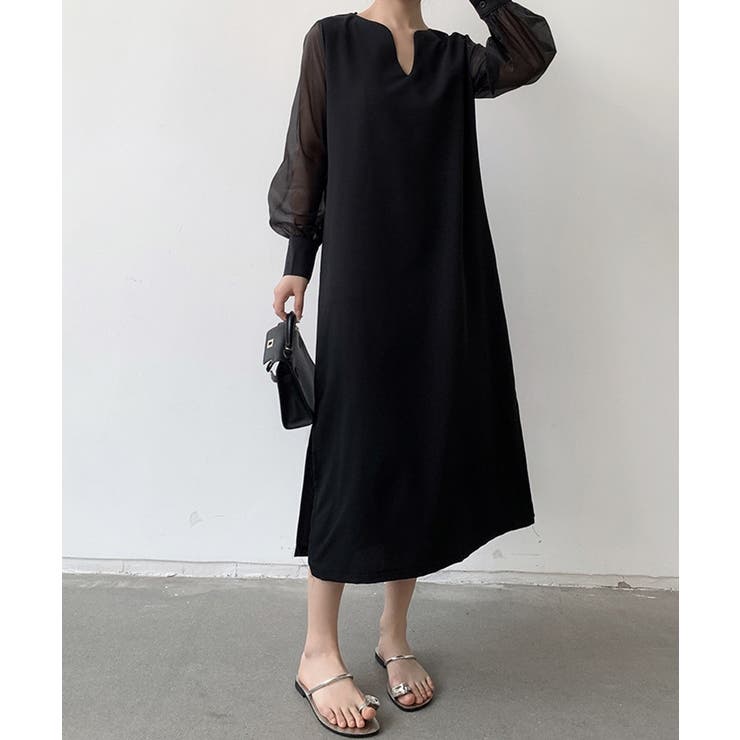 おしゃれ度高めシフォンスリーブワンピース ロングワンピース