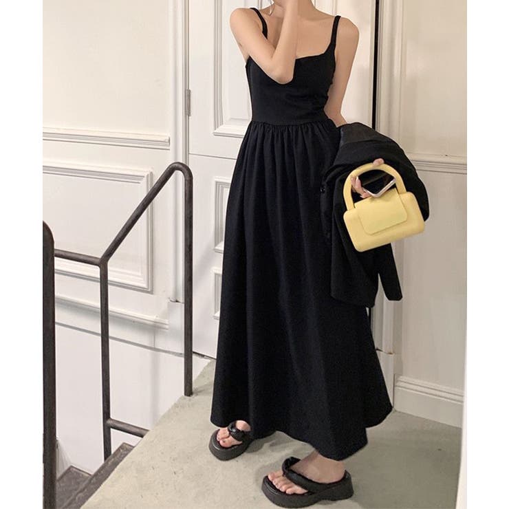 異素材ドッキングロングワンピース キャミソールワンピース 脚長[品番