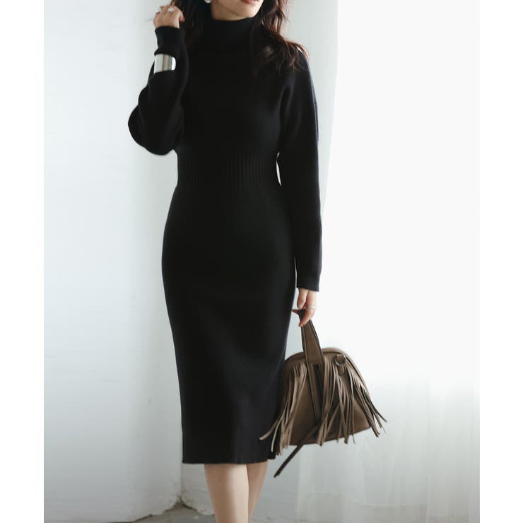 ブラック | ウエストシェイプタートルネックニットワンピース | SAISON DE PAPILLON