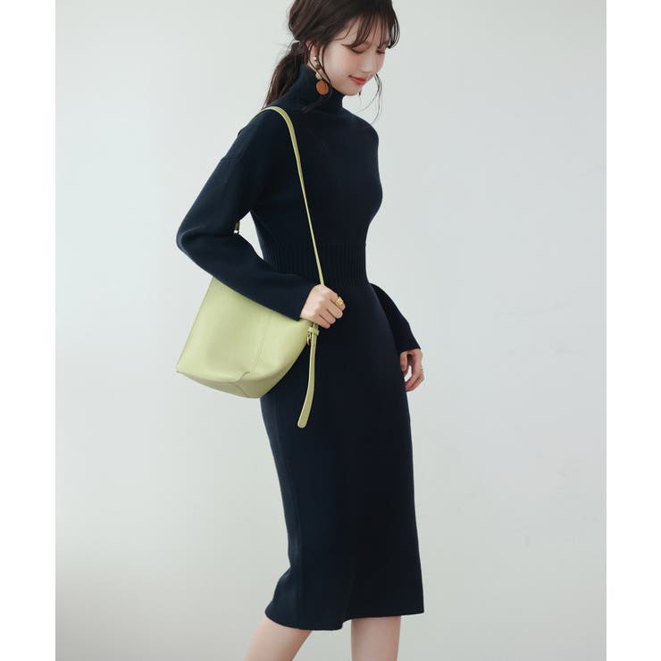 ネイビー | ウエストシェイプタートルネックニットワンピース | SAISON DE PAPILLON