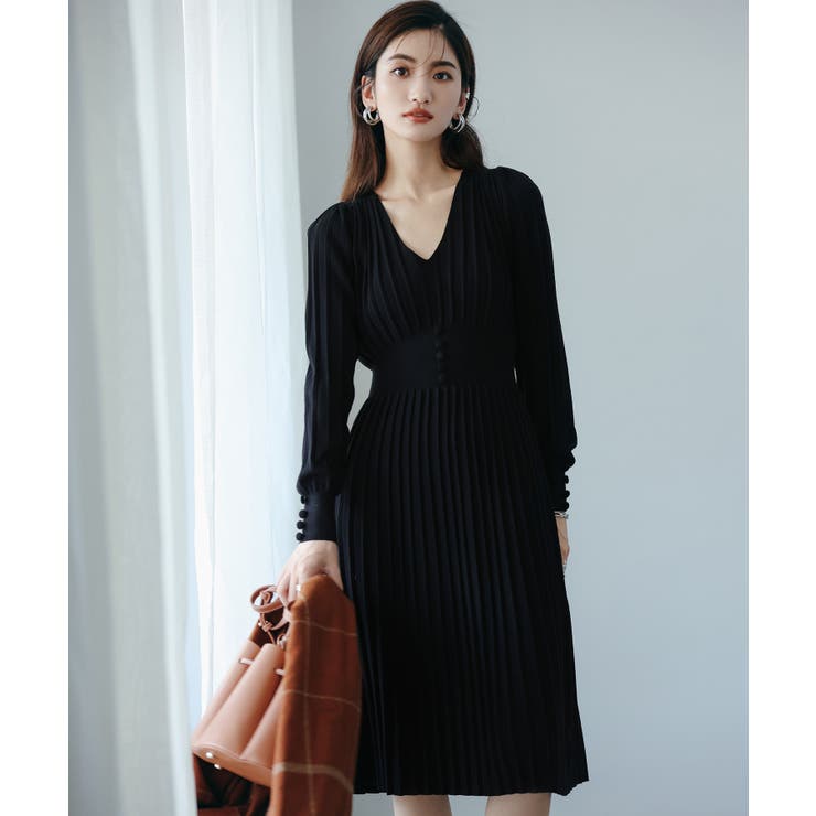 ブラック | ハイウエスト切り替えプリーツニットワンピース | SAISON DE PAPILLON 