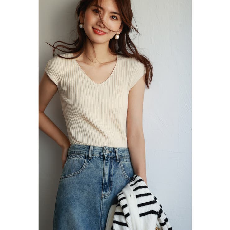 フレンチスリーブリブ切替サマーニットトップス[品番