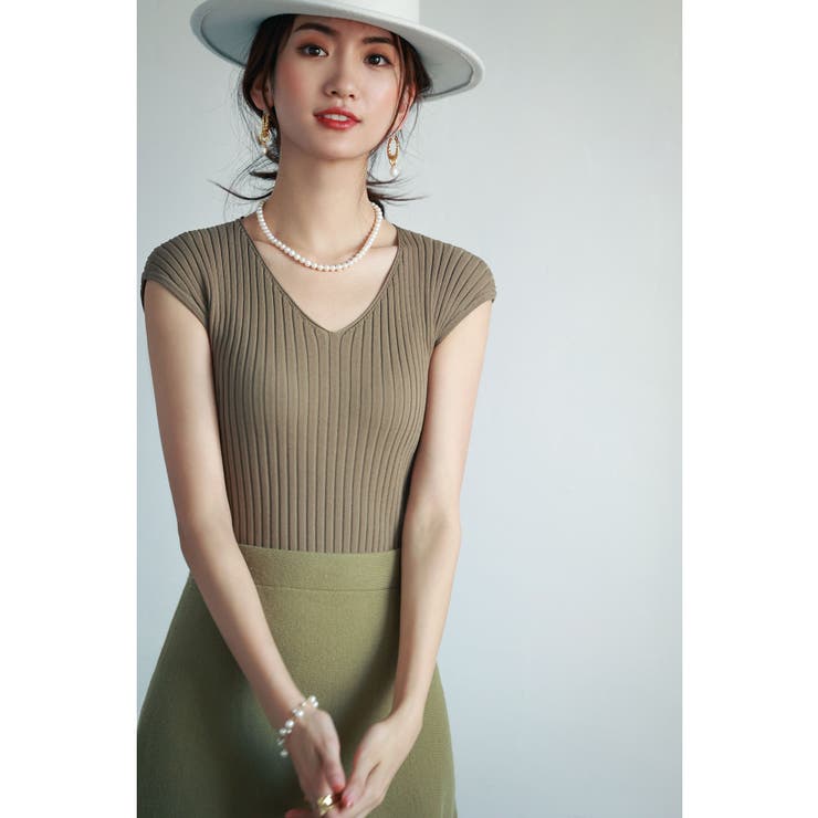 グリーン系その他 | フレンチスリーブリブ切替サマーニットトップス | SAISON DE PAPILLON 