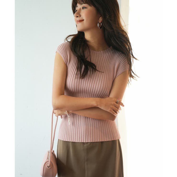 ベビーピンク | フレンチスリーブリブ切替サマーニットトップス | SAISON DE PAPILLON 