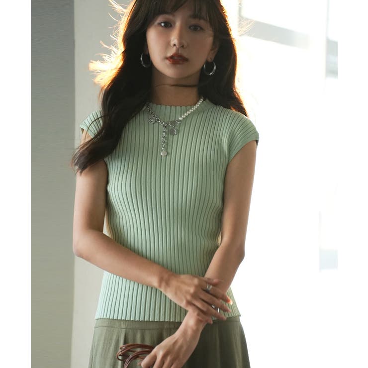 グリーン | フレンチスリーブリブ切替サマーニットトップス | SAISON DE PAPILLON 