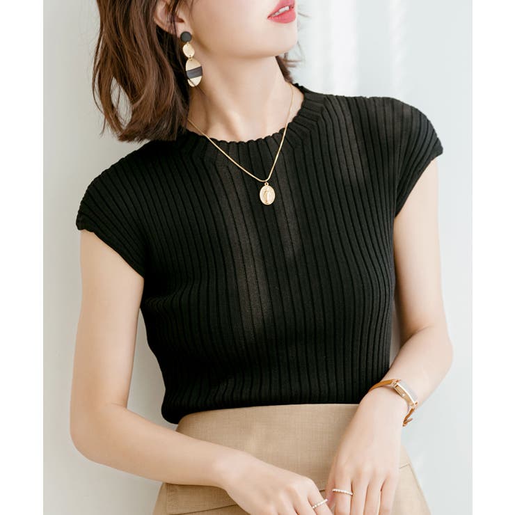 ブラック | フレンチスリーブリブ切替サマーニットトップス | SAISON DE PAPILLON 