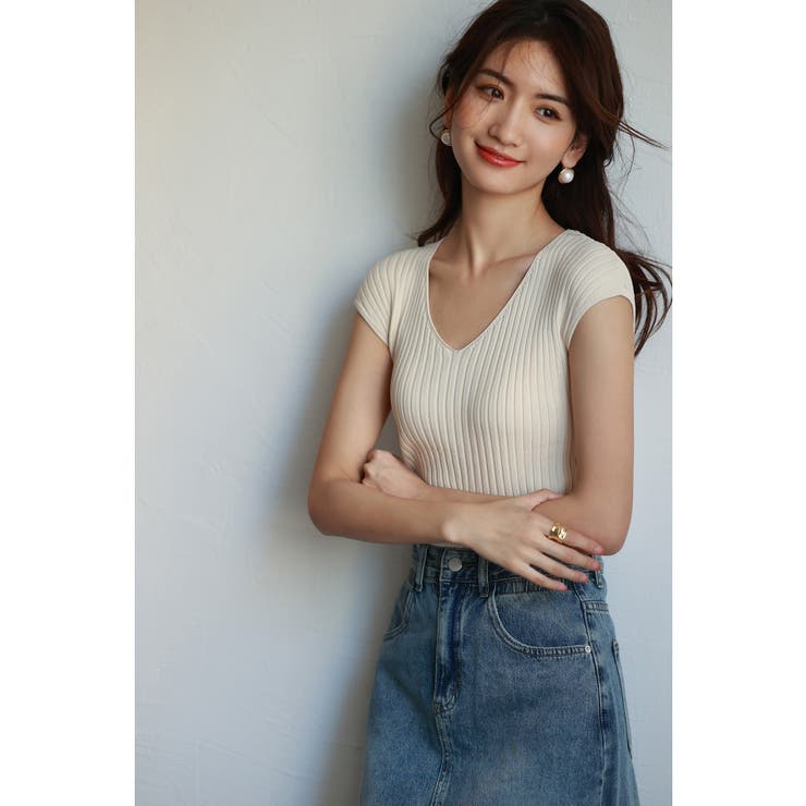 フレンチスリーブリブ切替サマーニットトップス | SAISON DE PAPILLON  | 詳細画像28 