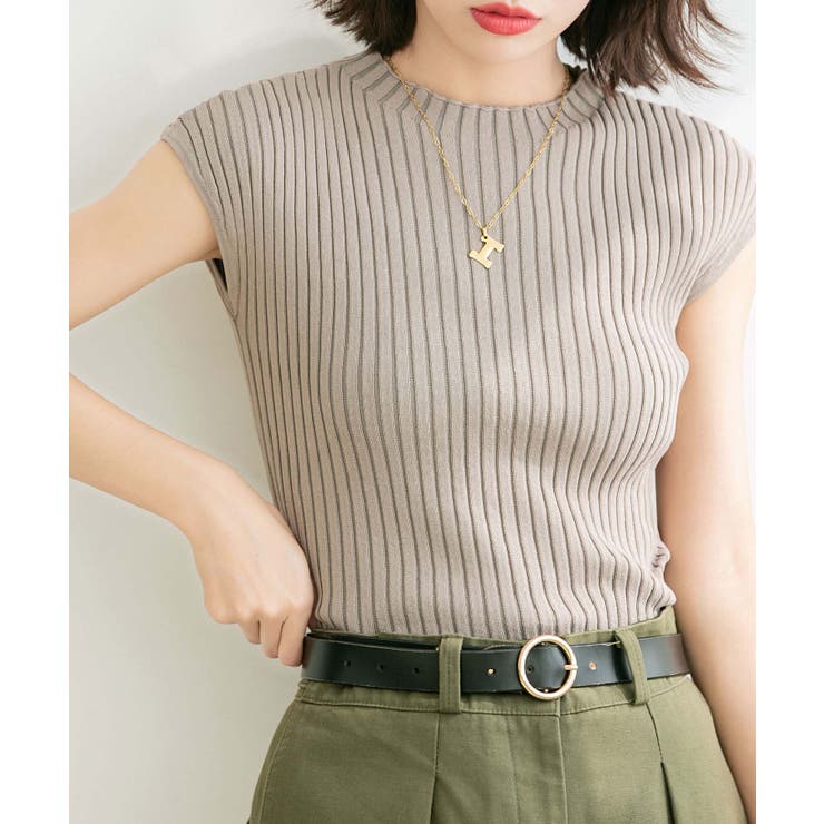 ベージュ | フレンチスリーブリブ切替サマーニットトップス | SAISON DE PAPILLON 