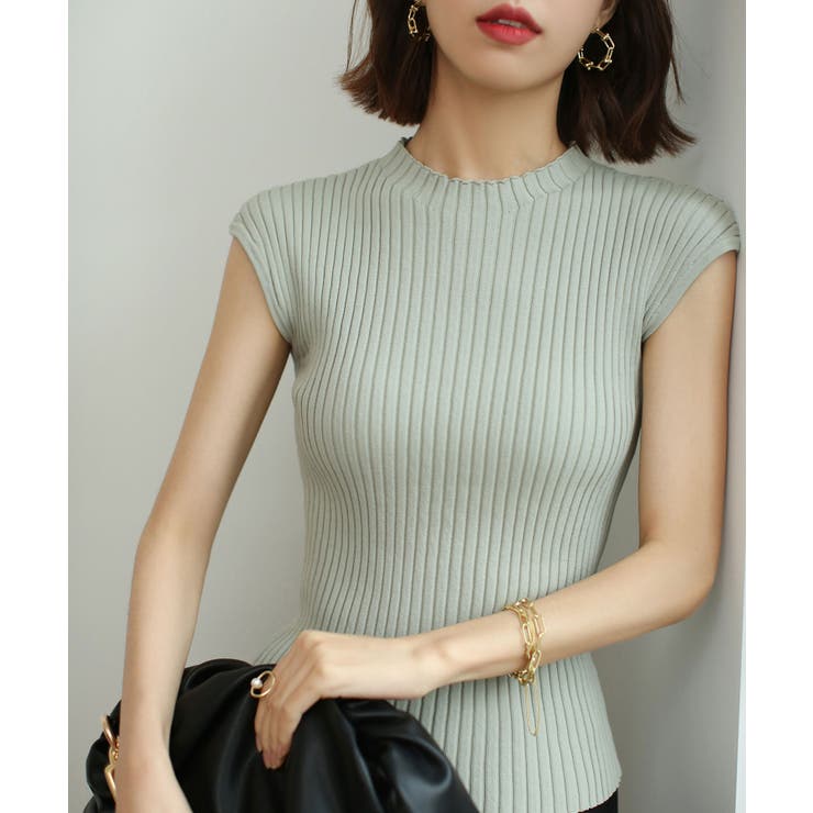 ミント | フレンチスリーブリブ切替サマーニットトップス | SAISON DE PAPILLON 