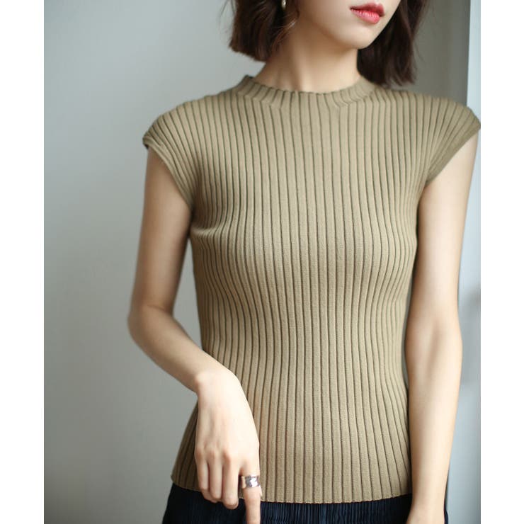 カーキ | フレンチスリーブリブ切替サマーニットトップス | SAISON DE PAPILLON 