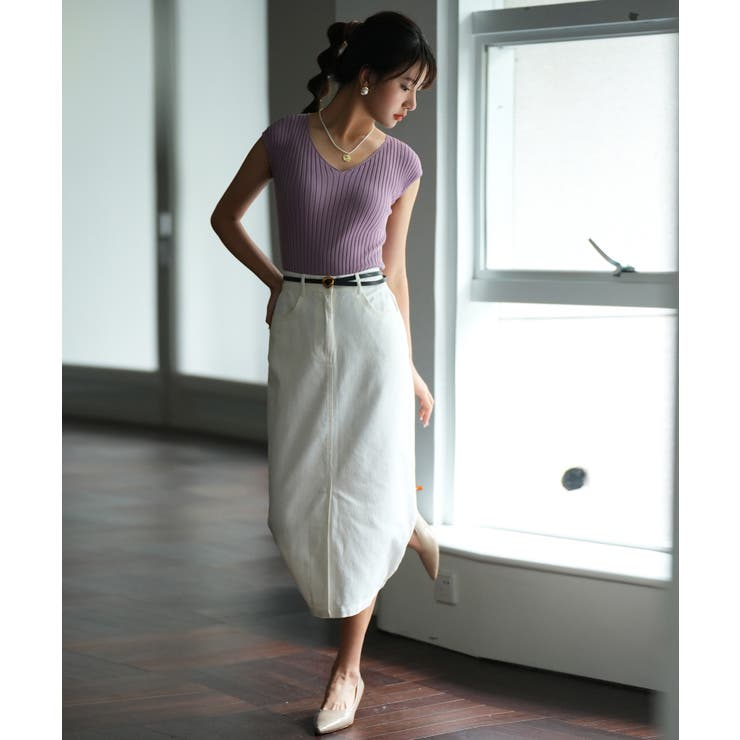 フレンチスリーブリブ切替サマーニットトップス[品番