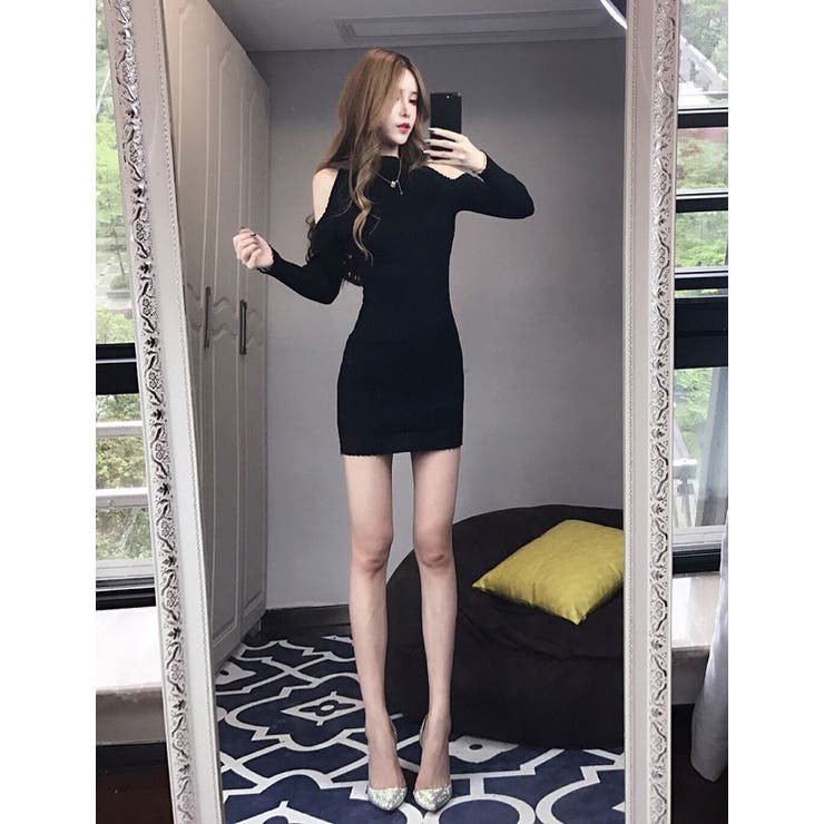 ニットミニワンピース 肩開き 縦ライン 長袖 セクシー系[品番