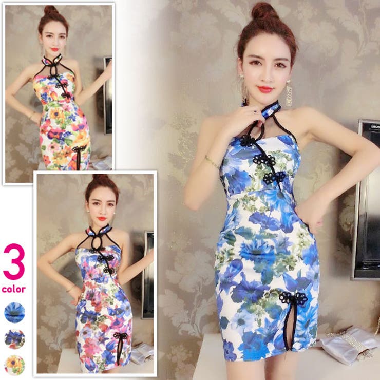ボディコンミニワンピース キャバドレス 花柄 ホルターネック チャイナ