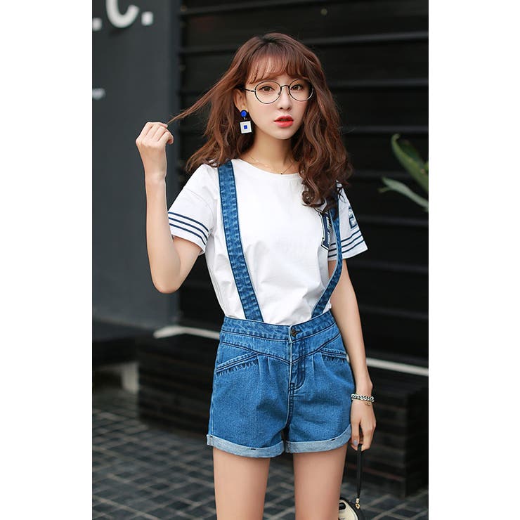 hitomin♡さん⭐︎デニムサロペット+レースレイヤードショートブルゾン デニムサロペットパンツ ショートパンツ ホットパンツ クロス