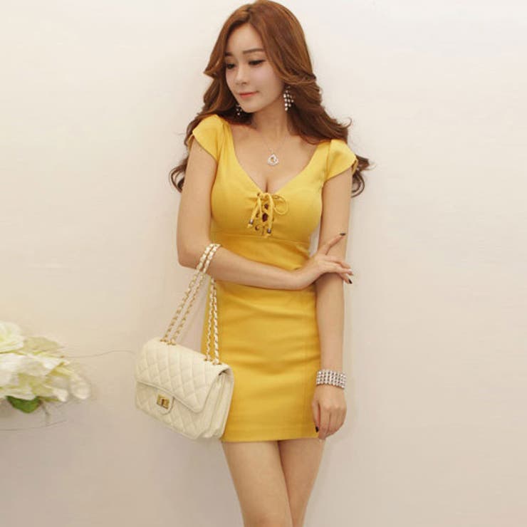 ボディコンミニワンピース キャバドレス レースアップ 前後深Vネック 半袖 | 3uers | 詳細画像1 