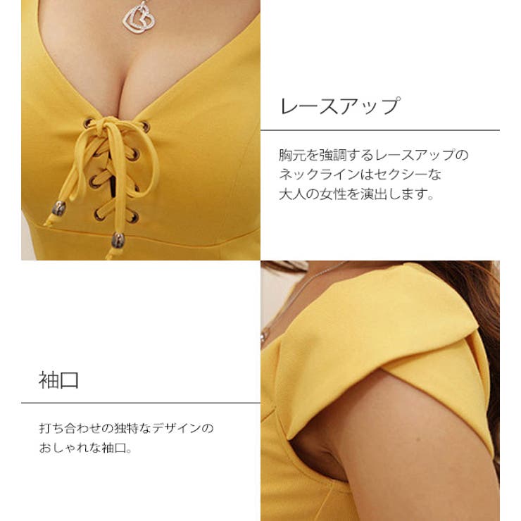 ボディコンミニワンピース キャバドレス レースアップ 前後深Vネック 半袖 | 3uers | 詳細画像2 