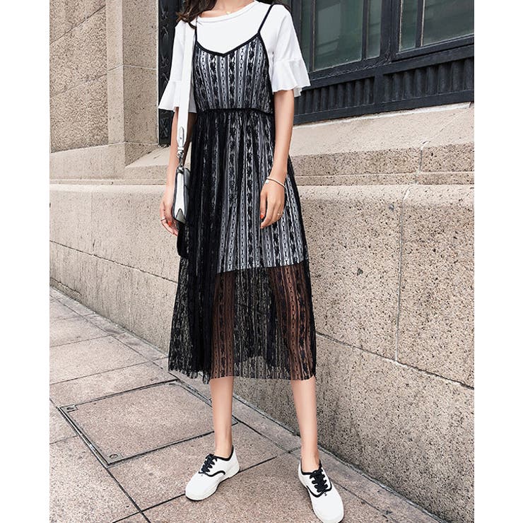 セットアップ シースルーレースキャミワンピース ロング丈T
