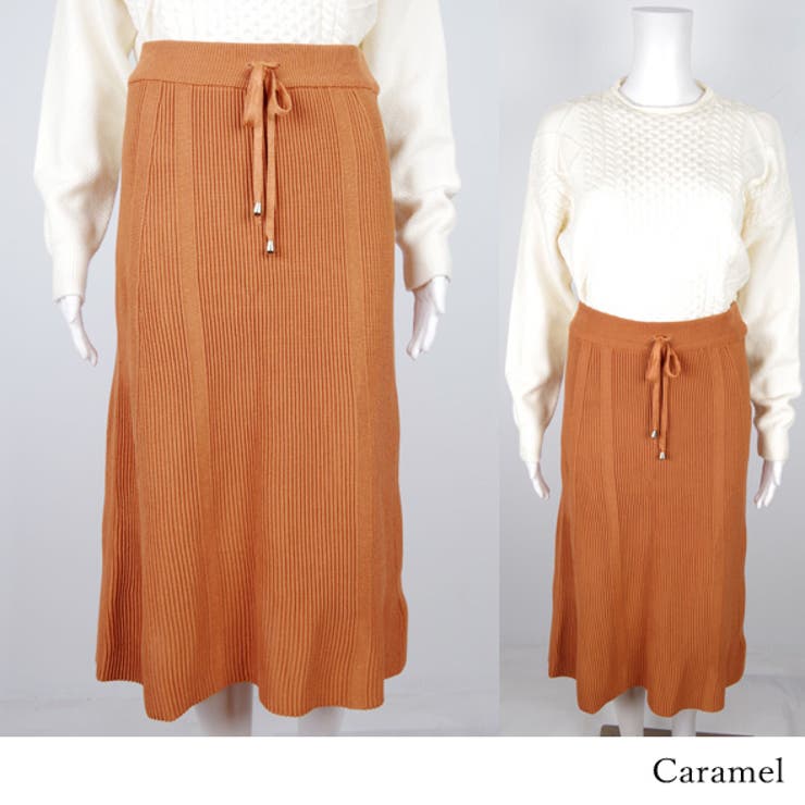 【美品】 HERMES リネン ひざ丈スカート オレンジ ナデージュ S ニットスカート 縦ライン ミモレ丈 飾りひも[品番：HITW0003142