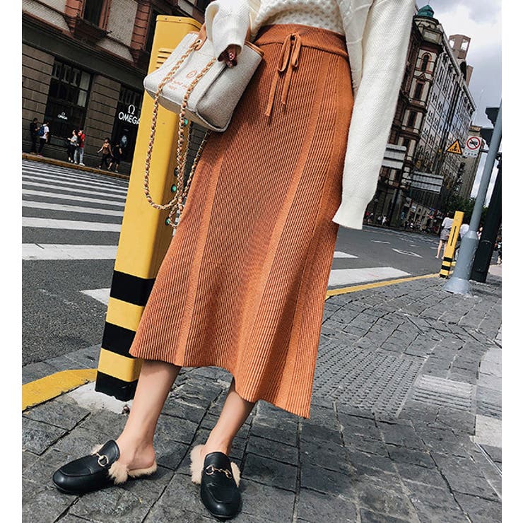 【美品】 HERMES リネン ひざ丈スカート オレンジ ナデージュ S ニットスカート 縦ライン ミモレ丈 飾りひも[品番：HITW0003142