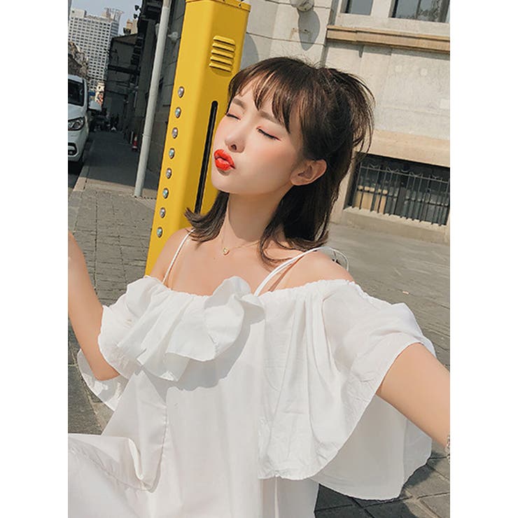 オフショルダー ボックスミニワンピース ストラップ付[品番