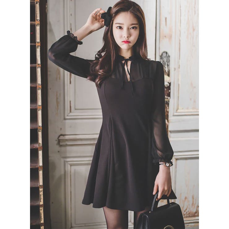 キャバドレス Aラインミニワンピース シースルーシフォン切替[品番