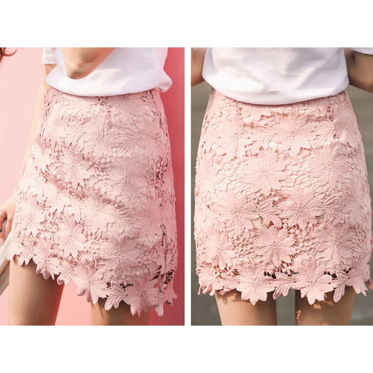 ミニスカート 花柄クロッシェレース タイト[品番：HITW0002300