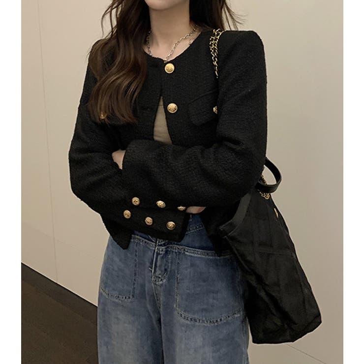 ゴールドボタン 韓国ファッション 秋服 ノーカラー ツイードジャケット 