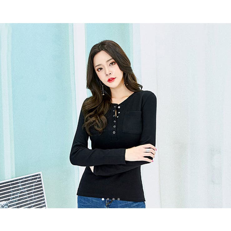 クリアボタン ヘンリーネックカットソー TINA：JOJUN（Tシャツ