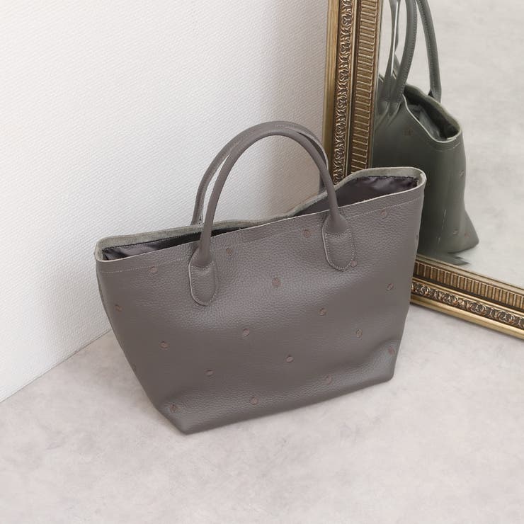 グレー | perche ペルケ / 牛革ドット刺繍トートバッグ | UNBILLION