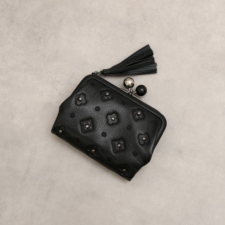 ブラック | ペルケ perche / サクラ・スタッズ・アクリル玉がま口2つ折り財布 | UNBILLION