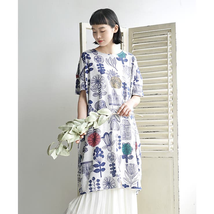 北欧風花柄プリント コクーンチュニックワンピース[品番：EZ000009380]｜ezakkamania stores（イーザッカマニア