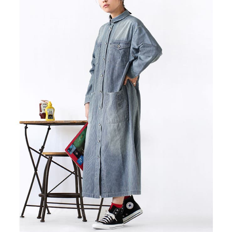 美品】 45R 小麦デニムのシャツドレス ヒッコリー ストライプ
