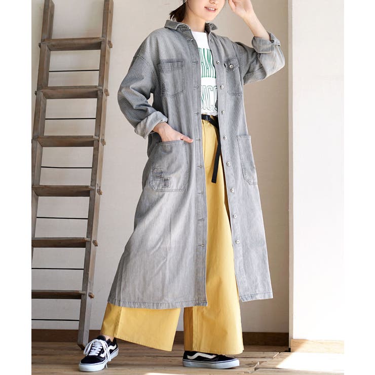 美品】 45R 小麦デニムのシャツドレス ヒッコリー ストライプ