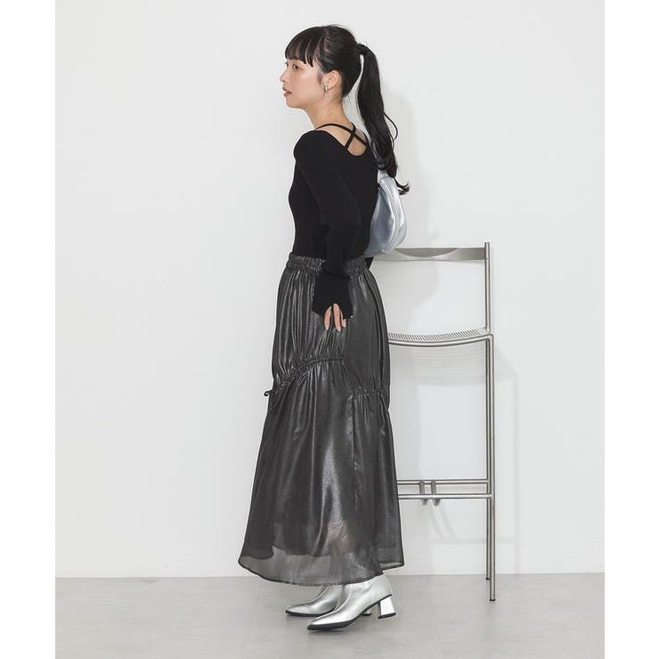 シャイニーアシンメトリーギャザースカート[品番：EMEW0045392
