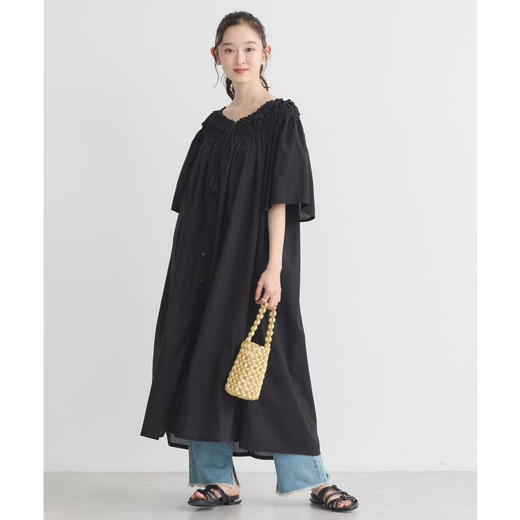 ブラック | ギャザーロングワンピース | earth music&ecology 