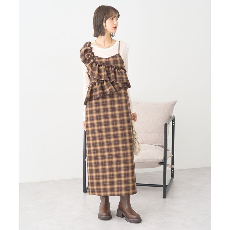 ブラウン | 2wayフリルチェックキャミワンピース | earth music&ecology 