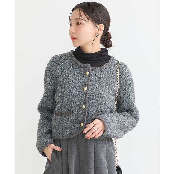 チャコールグレー | 【WEB限定】ゴールド釦ショートニットカーディガン | earth music&ecology 
