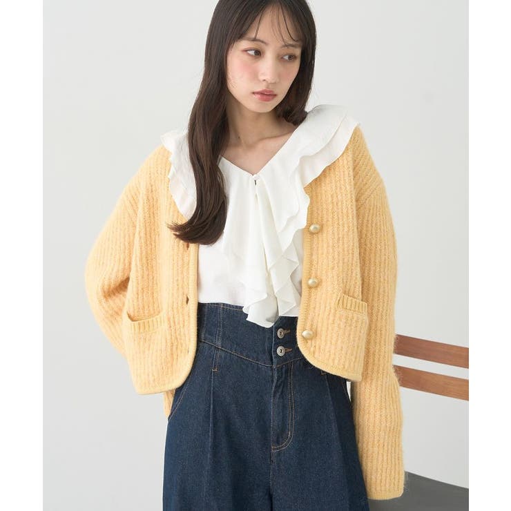 イエロー | 【WEB限定】ゴールド釦ショートニットカーディガン | earth music&ecology 