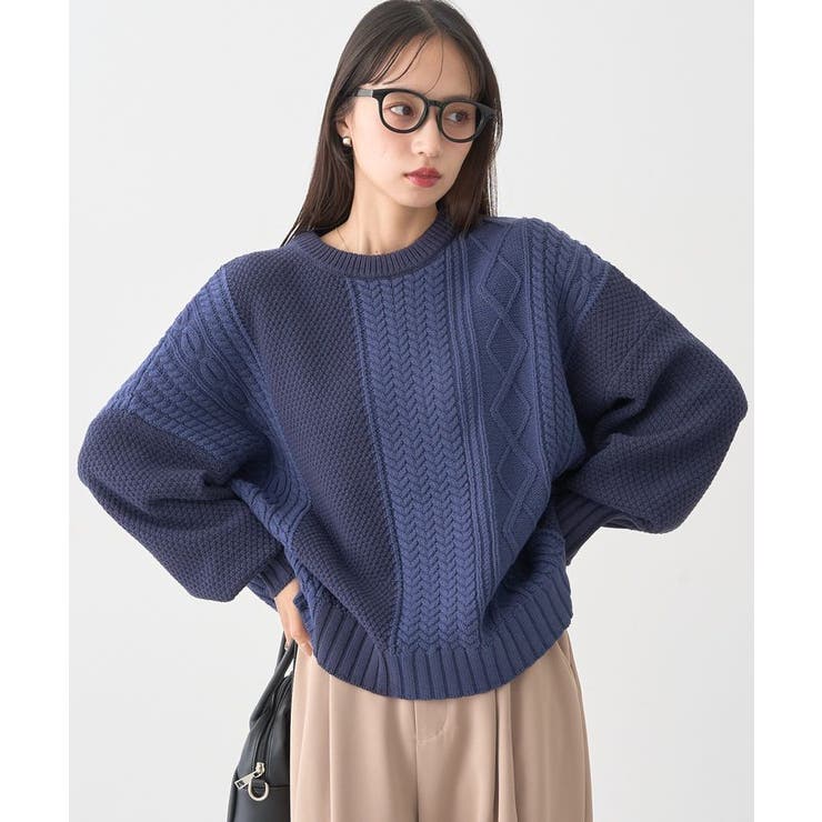 アンチピリングC/Aパッチワークケーブルニット | earth music&ecology  | 詳細画像1 