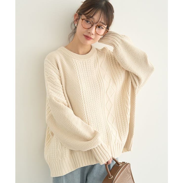 アイボリー | アンチピリングC/Aパッチワークケーブルニット | earth music&ecology 